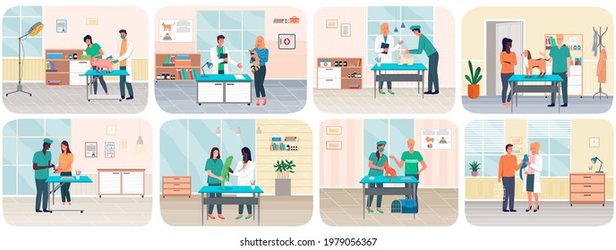 Veterinary care, treatment of pets scenes set. Veterinarian talking to owner in medical office. Visit to vet clinic to check health of pet. Veterinary surgeon helps treat patients domestic animals