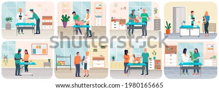 Veterinary care, treatment of pets scenes set. Veterinarian talking to owner in medical office. Visit to vet clinic to check health of pet. Veterinary surgeon helps treat patients domestic animals
