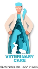 Veterinary care vector illustration with pets in doctors figure creative papercut design. Male veterinarian in uniform protecting domestic animals