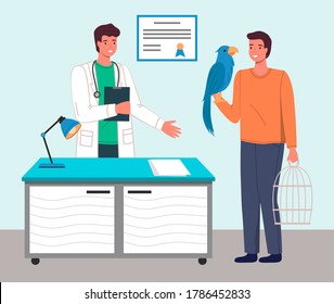 Veterinary care. Veterinarian doctor talking to man with parrot in medical office. Person brought a bird in a cage for treatment to a medic. Visit to the vet clinic to check the health of the animal