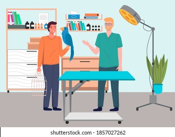 Veterinary care, veterinarian man looking at blue parrot sitting at man's hand, checking health of domestic pet, treatment of animals in veterinary clinic, visit doctor in vet hospital, medical office