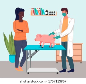 Veterinary care. Veterinarian man making vaccine to pig, check health of domestic pet. Treatment of animals in veterinary clinic. Black woman visit doctor in vet hospital. Interior of medical office