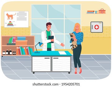 Veterinary care. Veterinarian man with woman pet owner holding small raccoon in medical office