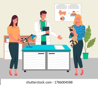 Veterinary care. Veterinarian man with women holding raccoon and hamster in the medical office. Person brought forest animal for treatment to a doctor. Visit to vet clinic to check health of animal