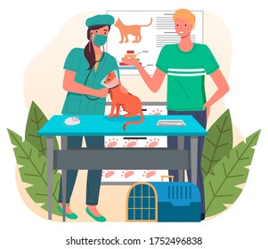 Veterinary care. Veterinarian wooman meet man with cat in the medical office. Person brought a kitty in a cage for treatment to a doctor. Visit to the vet clinic to check the health of the animal