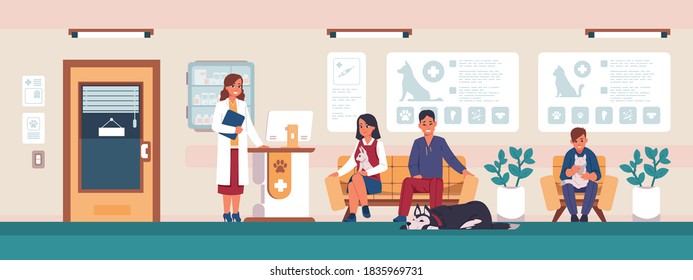 Veterinary. Cartoon People With Sick Pets In Clinic Office Waiting For Doctor, Animal Hospital Visitors. Vet Medicine And Healthcare Concept, Vector Scenery With Cat And Dog Owners On Reception