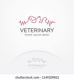 Veterinary center logo. Pet clinic logo with Dog, Cat and Bird in line art style. Animal care logo template