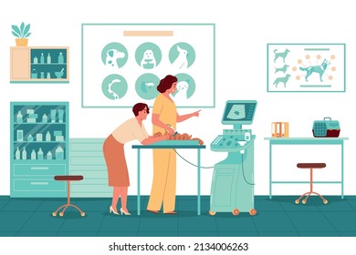 Veterinary centre vector illustration with specialist studying picture of internal organs of animal on ultrasound machine