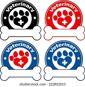 Veterinary Circle Labels Design With Love Paw Print,Cross And Bone Under Text. Vector Collection Set