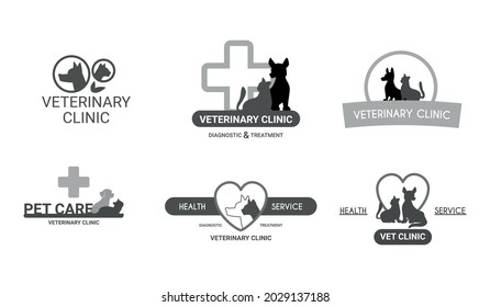 Veterinary clinic 6 black white logo cartoon images set with cross heart cat and dog silhouettes vector illustration