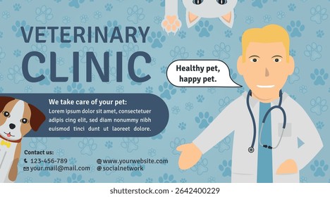 Veterinary Clinic Advertisement Template - Logotype, Illustrations of White Man Doctor, Dog, White Cat Head and Paw on Footprint Background. Blue Layout.