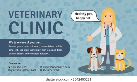 Veterinary Clinic Advertisement Template - Logotype, Illustrations of White Woman Doctor, Brown White Dog and Orange Cat on Veterinary Background. Blue Layout.