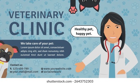 Veterinary Clinic Advertisement Template - Logotype, Illustrations of Brown Woman Doctor, Bulldog Dog, Black Cat Head and Paw on Footprint Background.