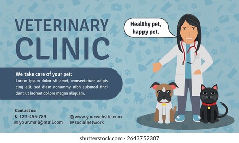 Modelo de anúncio de clínica veterinária - Logotipo, Ilustrações de Brown Woman Doctor, Bulldog Dog e Gato Preto no fundo veterinário. Layout Azul.