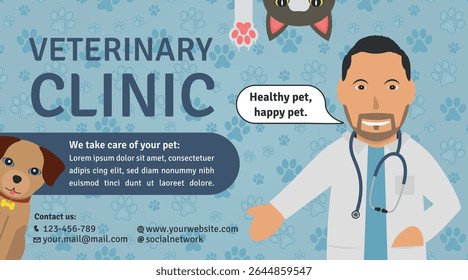 Veterinary Clinic Advertisement Template - Logotype, Illustrations of Brown Man Doctor, Brown Dog, Street Cat Head and Paw on Footprint Background.