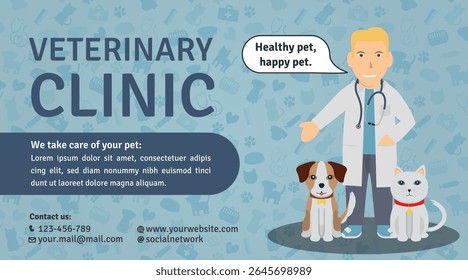 Veterinary Clinic Advertisement Template - Logotype, Illustrations of White Man Doctor, Brown White Dog and White Cat on Veterinary Background. Blue Layout.