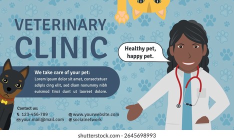 Veterinary Clinic Advertisement Template - Logotype, Illustrations of Black Woman Doctor, Doberman Dog, Orange Cat Head and Paw on Footprint Background.