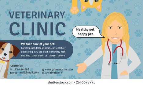 Veterinary Clinic Advertisement Template - Logotype, Illustrations of White Woman Doctor, Dog, Orange Cat Head and Paw on Footprint Background. Blue Layout.