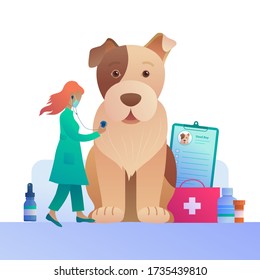 Veterinary clinic advertising in cartoon style. Woman veterinarian checking up dog with stethoscope at vet clinic. Big terrier at medical examination, pets diagnosis and treatment vector illustration.