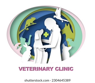 Veterinary clinic advertising poster in papercut style. Woman doctor treating dog surrounding different domestic animals vector illustration