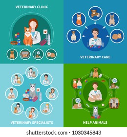 Veterinary clinic animal care treatments procedures medication specialists advise 4 flat icons square concept isolated vector illustration 