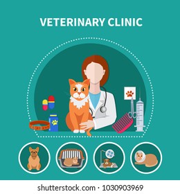 Veterinary clinic animals pet care flyer newsletter advertisement template with treatments medication flat round icons vector illustration  