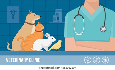 Veterinary Clinic Banner With Dog, Cat, Rabbit, Bird And Vet Arms Crossed, Laboratory On Background