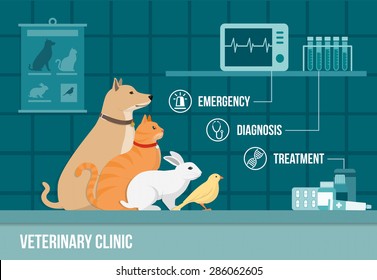 Veterinary clinic banner with dog, cat, rabbit, bird, medical equipment, drugs and icons set