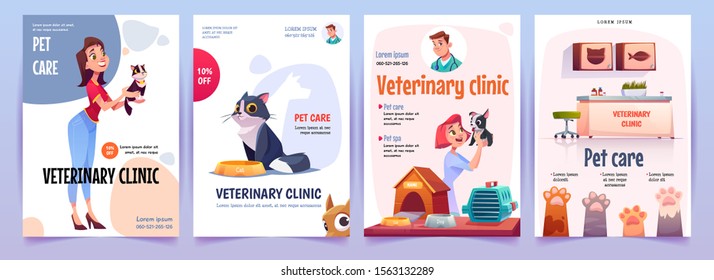 Pancartas de la clínica veterinaria. Servicio de veterinaria, atención de gatos y perros, procedimientos de spa para mascotas en oficinas terapéuticas, atención de salud de animales, diseño de carteles publicitarios en hospitales. Ilustración vectorial de dibujos animados