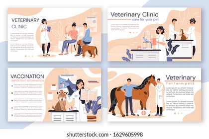 Veterinary clinic brochure, vet center booklet, vector illustration. Animal doctor in medical center, professional veterinarian website design. People and pets in animal clinic, cute cartoon character