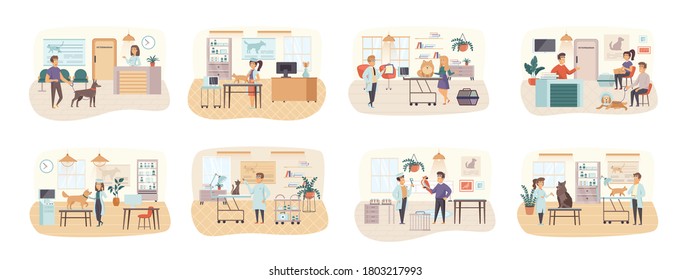 Veterinary clinic bundle of scenes with flat people characters. Veterinarian examining dog and cat in vet clinic conceptual situations. Medical center for domestic animals cartoon vector illustration.