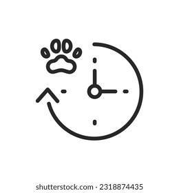 Veterinary Clinic Business Hours Icon. Vector Outline Editable Sign of Paw Symbol on Clock, Ideal for Vet Clinics, Websites, Scheduling Appointments