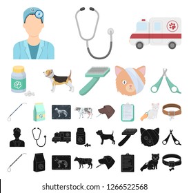 Veterinary clinic cartoon, black icons in set collection for design. Treatment of a pet vector symbol stock web illustration.