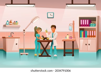 Veterinary clinic cartoon composition with indoor scenery and doctor curing cat with medical assistant vector illustration