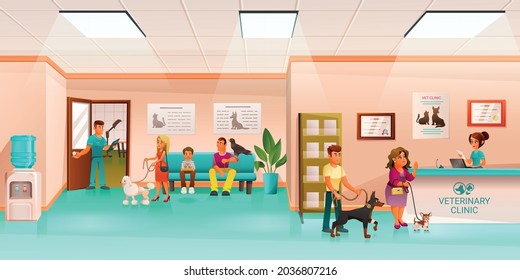 Veterinary clinic cartoon composition with view of reception hall with human characters and pets vector illustration