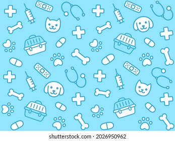 Veterinary clinic cartoon doodle pattern. Cats and dogs, pet healthcare. Seamless blue vector background.