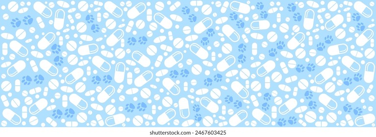 Veterinary clinic cartoon doodle pattern. Cats and dogs, pet healthcare. Seamless blue vector background. Good for textile fabric design, wrapping paper, website wallpapers, textile, wallpaper