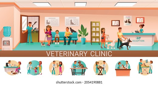 Infografías de dibujos animados de clínicas veterinarias con mostrador de recepción sala de espera propietarios de mascotas control veterinario cirugía ilustración vectorial