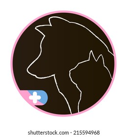 Veterinary clinic circle sign with dog and cat icons on round background badge
