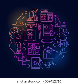 Veterinary clinic circular illustration - vector pet care bright linear symbol on dark background