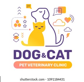 Veterinary clinic color concept with cat, dog on white background. Vector creative illustration with pet, title, icon. Line art style design with animal for web, site, banner