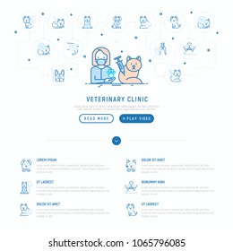 Veterinary clinic concept: cat on vaccination. Thin line icons: injection, cardiology, cleaning of ears, teeth, shearing claws, broken leg. Vector illustration, web page template.