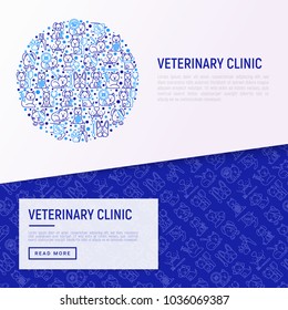 Veterinary Clinic Concept In Circle With Thin Line Icons: Broken Leg, Protective Collar, Injection, Cardiology, Cleaning Of Ears, Teeth, Bandage On Eye, Blood Transfusion For Dog. Vector Illustration.