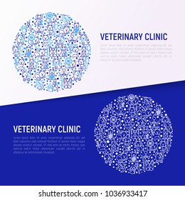 Veterinary Clinic Concept In Circle With Thin Line Icons: Broken Leg, Protective Collar, Injection, Cardiology, Cleaning Of Ears, Teeth, Bandage On Eye, Blood Transfusion For Dog. Vector Illustration.