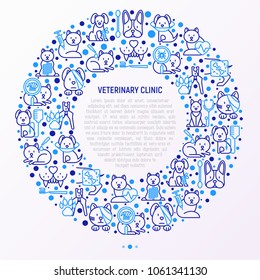 Veterinary clinic concept in circle with thin line icons: broken leg, protective collar, injection, cardiology, cleaning of ears, teeth, shearing claws, bandage on eye. Vector illustration.