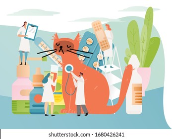 Concepto de clínica veterinaria, doctor con estetoscopio examina gatos, equipo de gente diminuta, ilustración vectorial. Centro médico de mascotas, hospital de sanidad animal. Caracteres de caricatura en estilo plano, control de gatitos