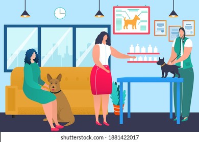Veterinary clinic concept, doctor veterinarian care about dog pet, vector illustration. Cartoon person character at hospital vet examination. Flat medical help for sick animal at professional visit.