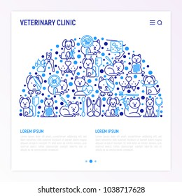 Veterinary Clinic Concept In Half Circle With Thin Line Icons: Broken Leg, Protective Collar, Injection, Cardiology, Cleaning Of Ears, Bandage On Eye, Blood Transfusion For Dog. Vector Illustration.