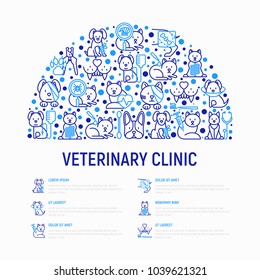 Veterinary Clinic Concept In Half Circle With Thin Line Icons: Broken Leg, Protective Collar, Injection, Cardiology, Cleaning Of Ears, Bandage On Eye, Blood Transfusion For Dog. Vector Illustration.