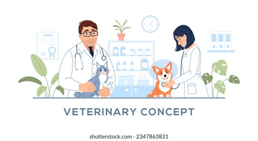 Veterinary clinic concept. Male, female veterinarians with stethoscope are doing veterinary exam on hospital background. Cute animals dog and cat diagnostics Flat line pet medicine vector illustration